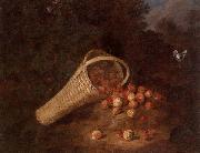 A wooded landscape with sirawberries spilling from an overturned basket, unknow artist